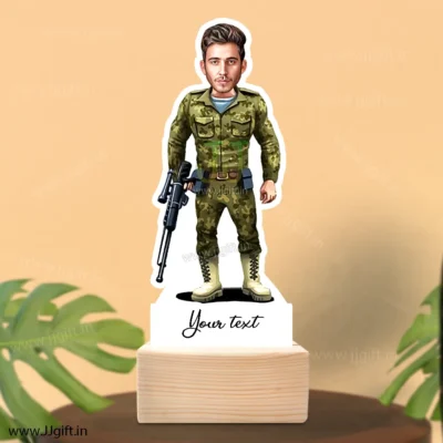 Indian army man with snipper caricature gift, unique standee for army man