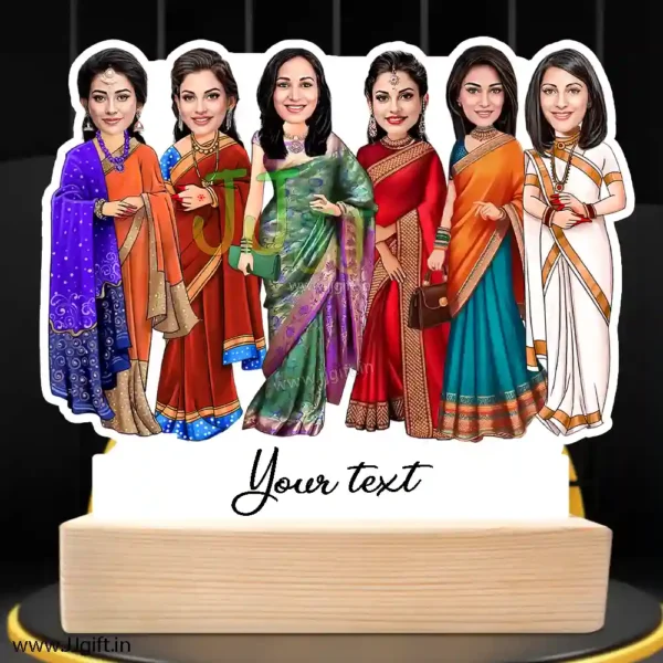 6 Lady in saree group caricature gift, Saree outfit female group caricature