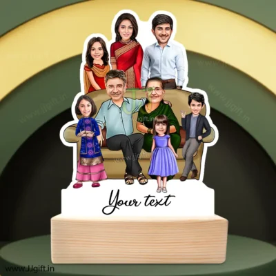 Family photo cartoon gift with 1 couple, 1 boy and 3 girl