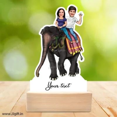 Persoanlized Couple Ride On Elephant Caricature Standee