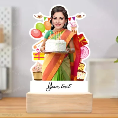 Birthday lady caricature 7, Lady in Saree Outfit Have Cake in her Hand Standee Gift