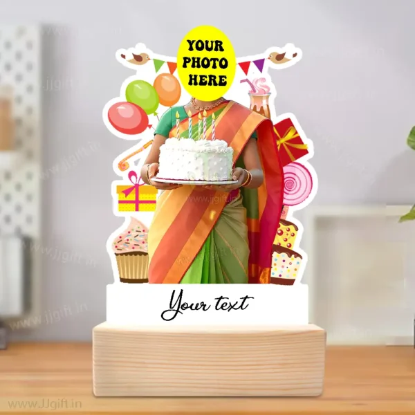 Birthday lady caricature 7, Lady in Saree Outfit Have Cake in her Hand Standee Gift - Image 2