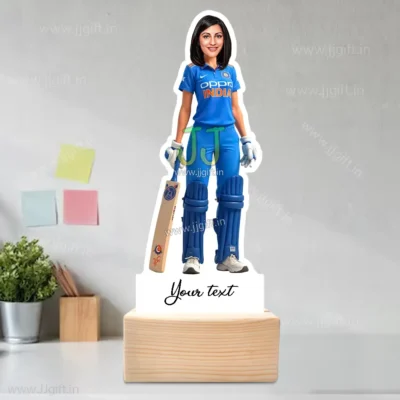 Custom India Cricket Jersey Caricature Gift for Her, Personalized Women’s Cricket Themed Table Standee Gift