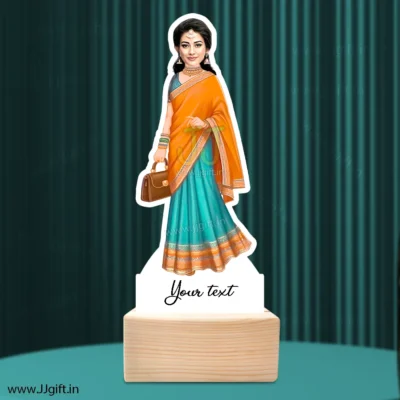 Customized Indian Woman Caricature Standee, Personalized Cartoon Gift in Saree with Handbag