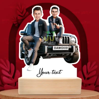 Cool Boys Sitting on Car Caricature, Customized Wooden Gift Standee for Friendship Day or Brother Bond