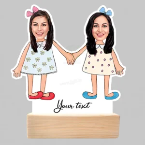 Personalized Best Friend Caricature Gift, Custom Wooden Stand with Two Girls Holding Hands, Unique Friendship Day or Sister Gift