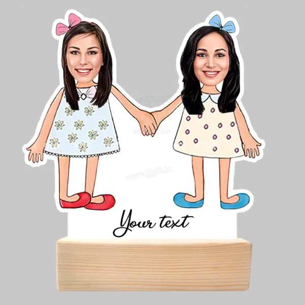 Personalized Best Friend Caricature Gift, Custom Wooden Stand with Two Girls Holding Hands, Unique Friendship Day or Sister Gift