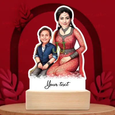 Personalized Indian Mother and Child Caricature Standy, Ethnic Outfit Custom Gift for Mom and Son