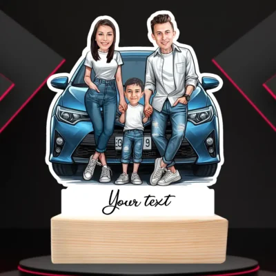 Custom Car Theme Family Caricature Standy, Personalized Mom, Dad & Son Gift with Wooden Base