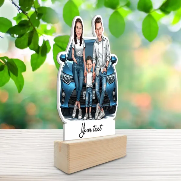 Custom Car Theme Family Caricature Standy, Personalized Mom, Dad & Son Gift with Wooden Base - Image 2