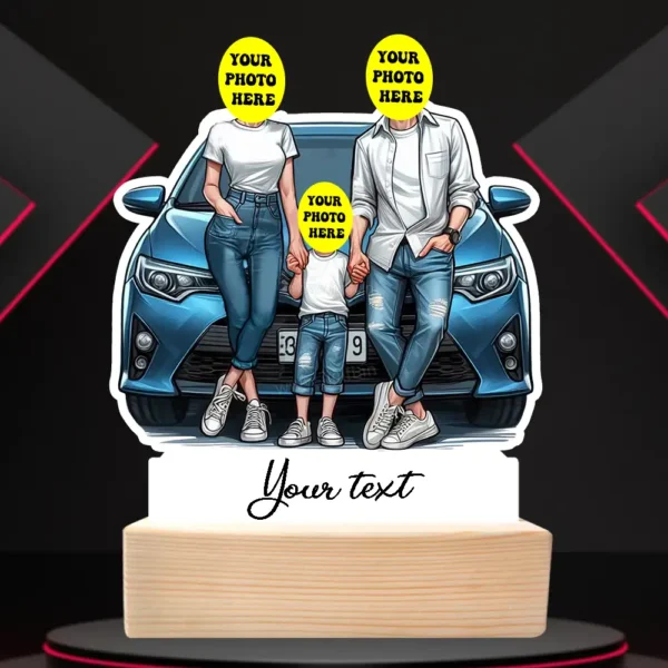 Custom Car Theme Family Caricature Standy, Personalized Mom, Dad & Son Gift with Wooden Base - Image 3