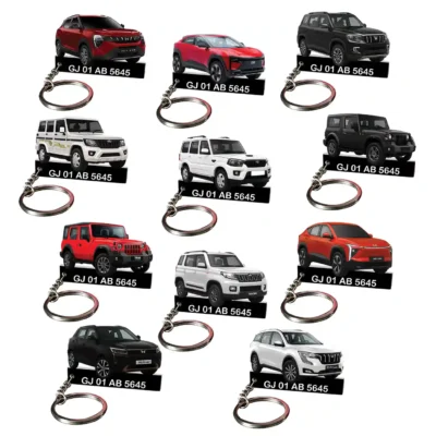 Mahindra All Cars Keychain With Color Option & Number, 3XO- Be 6-Bolero-Scorpio Classic-Scorpio N-Thar-Thar Roxx-TUV 300-XUV 300-XUV 700-XEV 9E-XUV 400