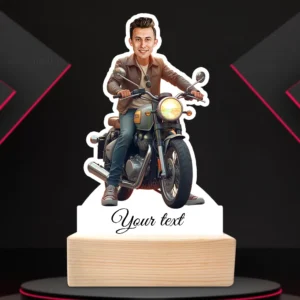 Personalized Royal Enfield Classic Bike Rider Caricature Table Top Standee With Wooden Base