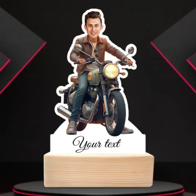 Personalized Royal Enfield Classic Bike Rider Caricature Table Top Standee With Wooden Base