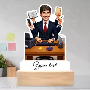 The Hustle Master-Custom Multitasking Office Professional Caricature Standee with Wooden Base, Boss Desk Decor Showpiece with Custom Photo and text