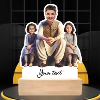 Present For Father & 2 Daughter Caricature Standee Gift-Ethnic Elegance Edition