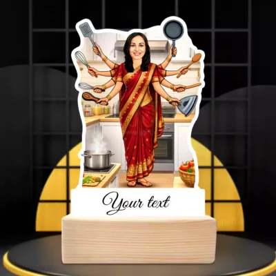 Customized Super Mom Cooking Acrylic Caricature, Indian Homemaker Multi Hand Cooking Queen Acrylic Standee Gift, Cooking Expert Mom Personalized Present