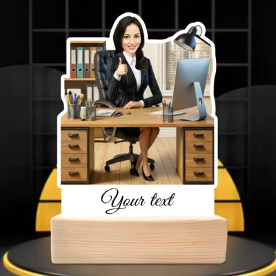Personalized Business Woman Caricature Acrylic Display Stand, Customized Professional Boss Lady+CEO Acrylic Caricature Wooden Base Showpiece`