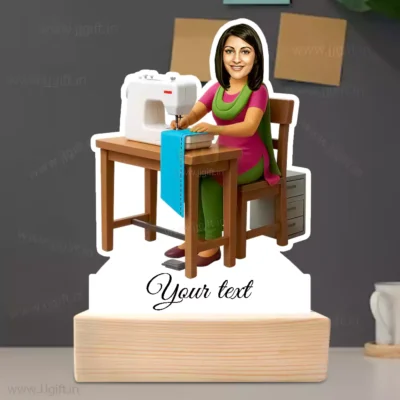 Personalized Fashion Boutique Tailor Lady Acrylic Caricature With Wooden Base, Creative Sewing Artist Cartoon Acrylic Personalized Trophy, Custom Female Stitching Related Gift