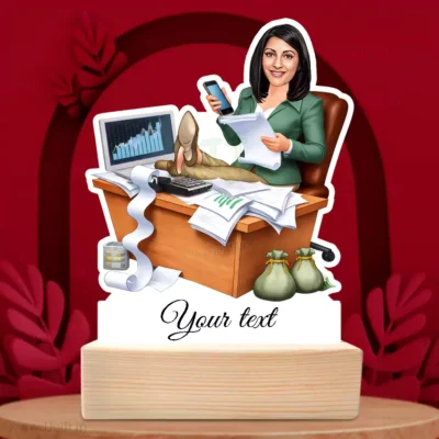 Personalized Female Chartered Accountant Acrylic Cartoon Standee with Wooden Base for Office Desk Decoration, Premium Business Finance Expert Acrylic Stand for Women Entrepreneurs & Office Professionals